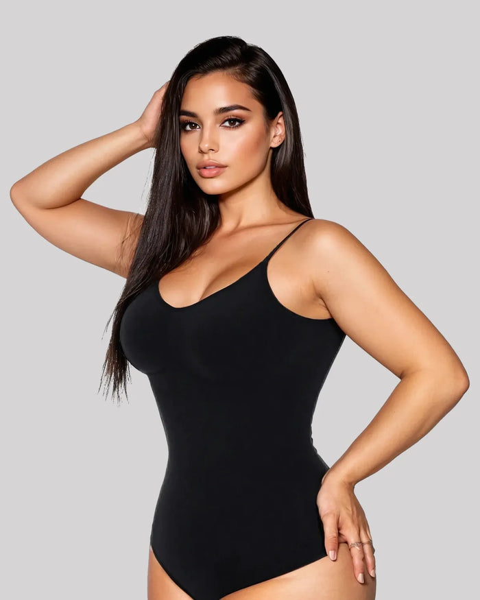 CYRA Bare-Back Sculpt Thong Bodysuit in Onyx โ front view on model