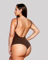 CYRA Bare-Back Sculpt Thong Bodysuit in Cocoa — low-back view on model