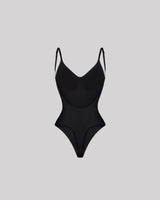 CYRA Bare-Back Sculpt Thong Bodysuit in Onyx — front product view with adjustable straps