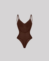 CYRA Bare-Back Sculpt Thong Bodysuit in Cocoa — front product view with adjustable straps