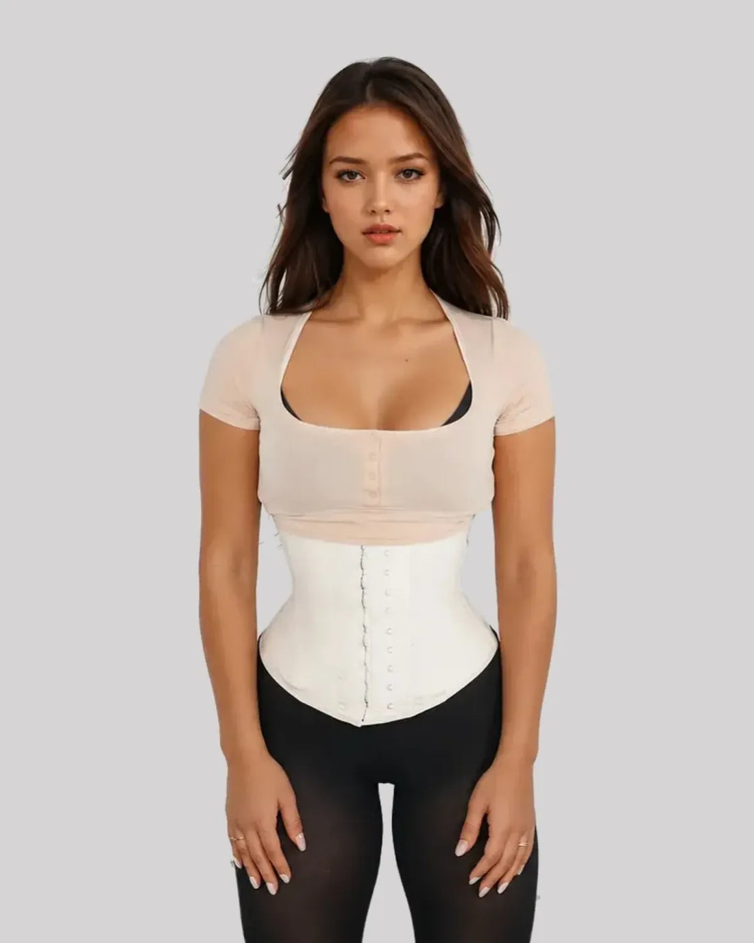 Ivory — CYRA Sculpt Short Latex Waist Trainer, front view on model