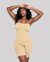 Ivory — CYRA Strapless Sculpt Bodysuit, front view on model with arms raised