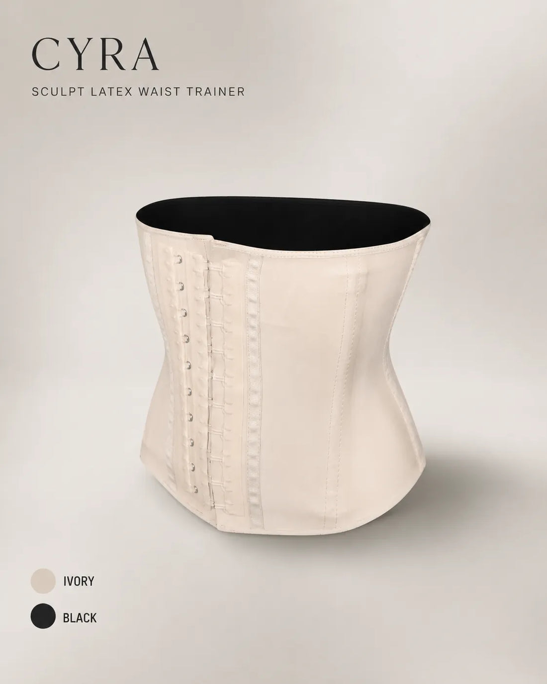 CYRA Sculpt Short Latex Waist Trainer in Ivory — front square view